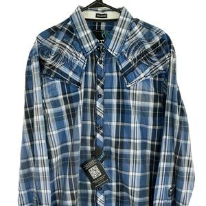 Roar Signature Men's XL Blue Plaid Western Long Sleeve Shirt Embroidered NWT